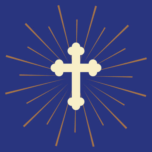 A cream-colored orthodox cross on a blue background with orange lines coming out of the center